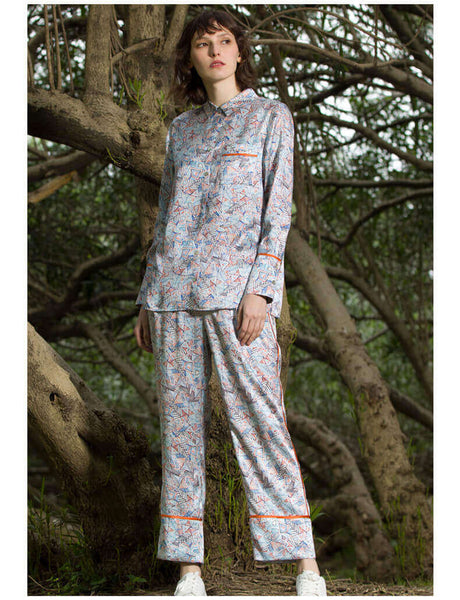 HAOLI Pyjama Femme Soie Glacée Printemps Et Automne Imitation Soie  Vêtements De Maison À Manches Longues D'été Dames Minces (BL)