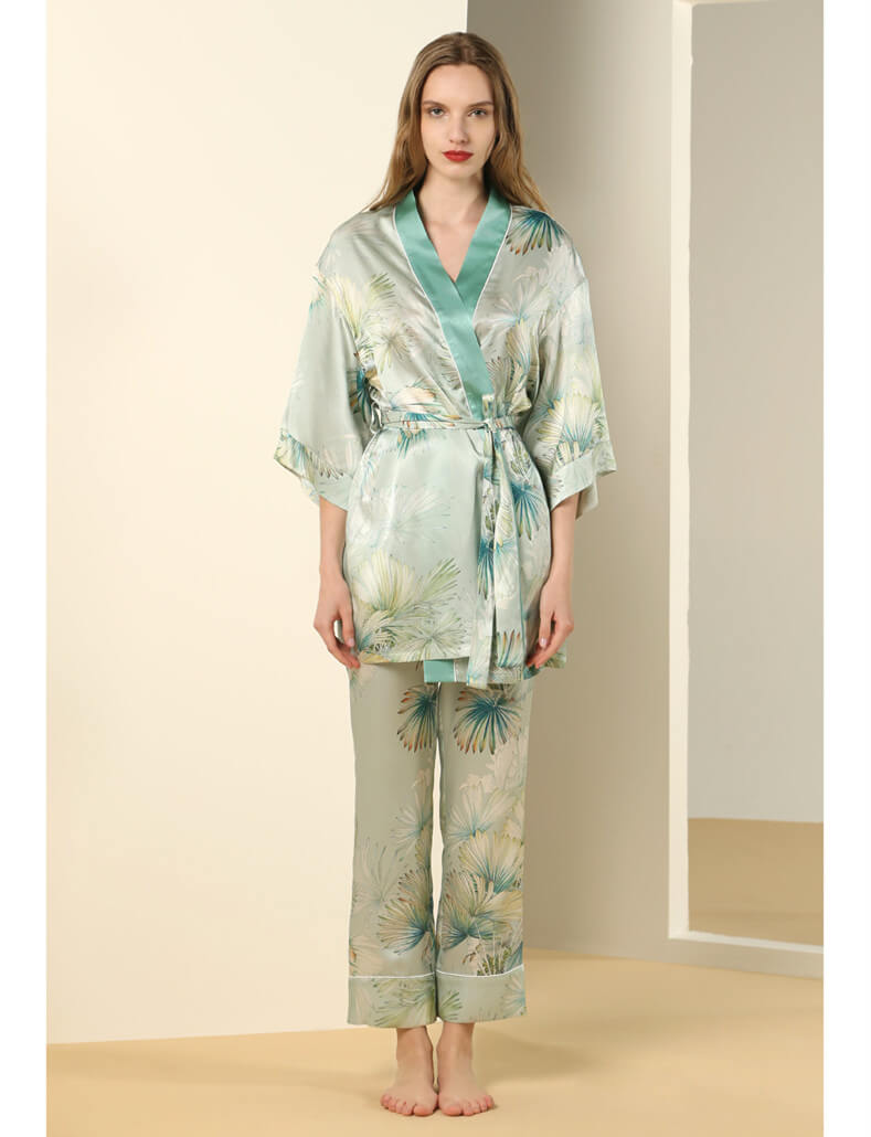 Kimono 100% soie avec imprimé feuilles de palmier pour femme Robe de chambre en soie avec manches 1/2 et ceinture taille Pyjama de haute qualité femme