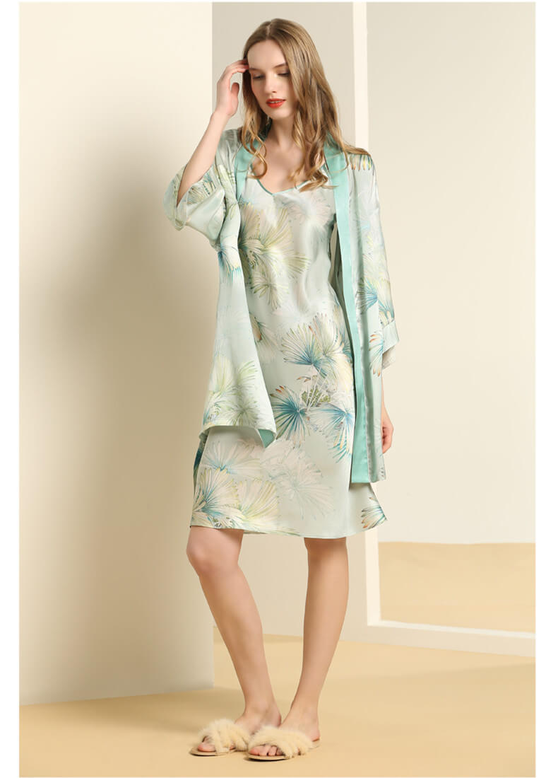 Kimono 100% soie avec imprimé feuilles de palmier pour femme Robe de chambre en soie avec manches 1/2 et ceinture taille Pyjama de haute qualité femme