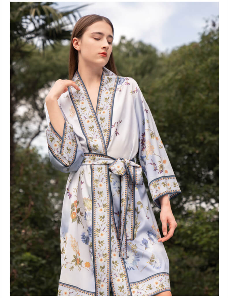 100% Soie kimono peignoir imprimé fleurs robe de chambre avec ceinture