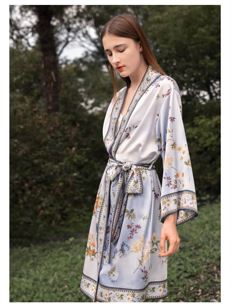 100% Soie kimono peignoir imprimé fleurs robe de chambre avec ceinture