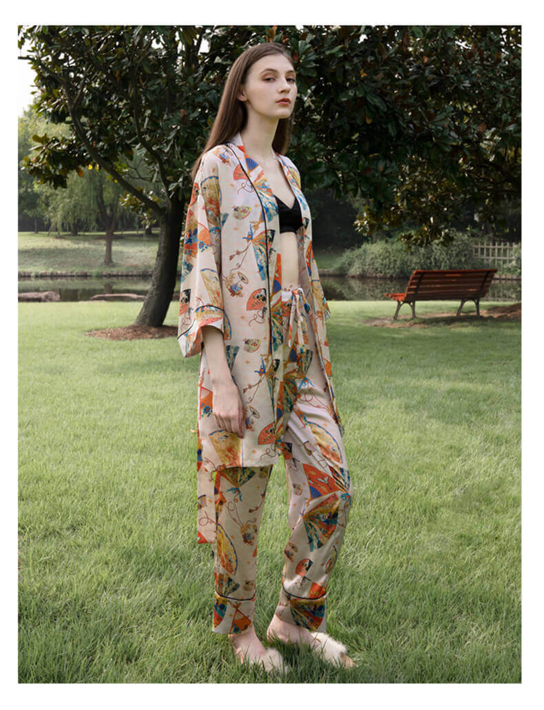 Ensemble kimono 100% soie 19MM avec pyjama femme fantaisie imprimé éventail