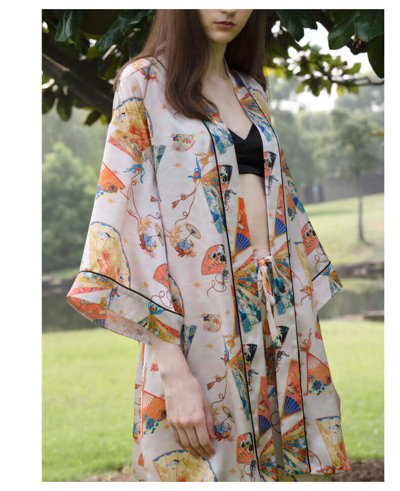Ensemble kimono 100% soie 19MM avec pyjama femme fantaisie imprimé éventail