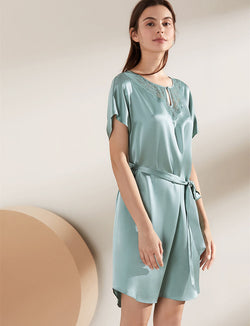 Chemise de nuit en soie avec dentelle pour les femmes pyjama en soie à col rond femmes chemise de nuit à manches courtes