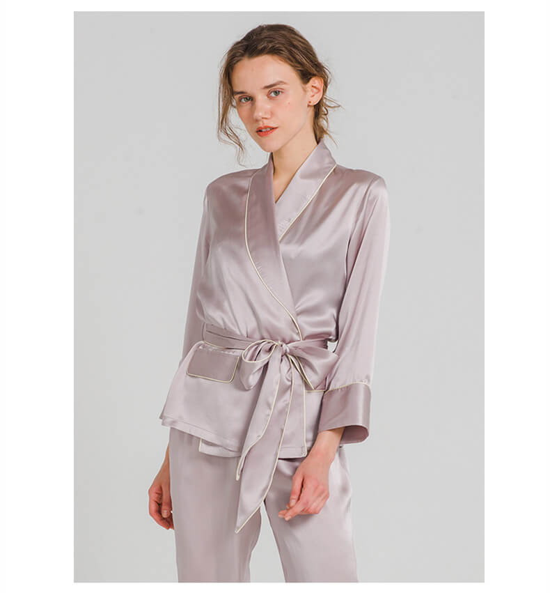 Pyjama 100% soie 19mm pyjama femme manche longue gros revers ceinture ensemble pyjama