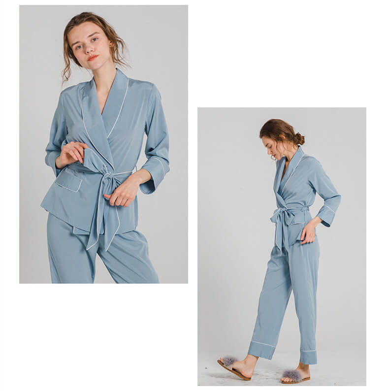 Pyjama 100% soie 19mm pyjama femme manche longue gros revers ceinture ensemble pyjama