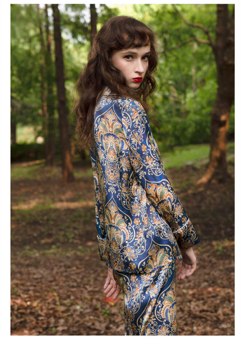 Pyjama en soie à imprimé floral pour femme 100%soie pyjama manche longue patte de boutonnage