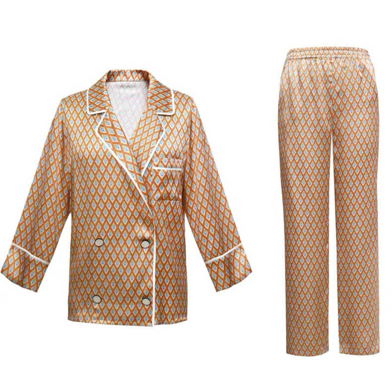 Pyjama en soie à motif géométrique pour femme Pyjama 100% soie femme Patte de boutonnage manches longues 3/4