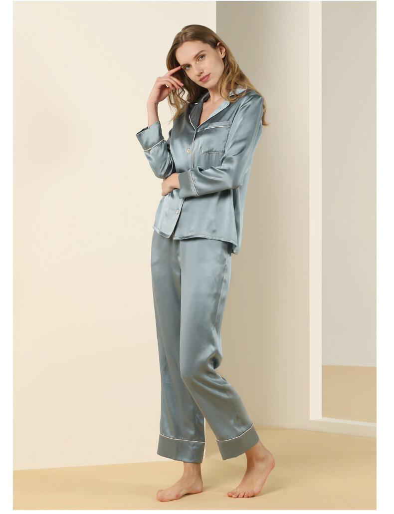 Pyjamas femme 100% soie manches longues pyjama en soie patte de boutonnage vêtements de nuit femme