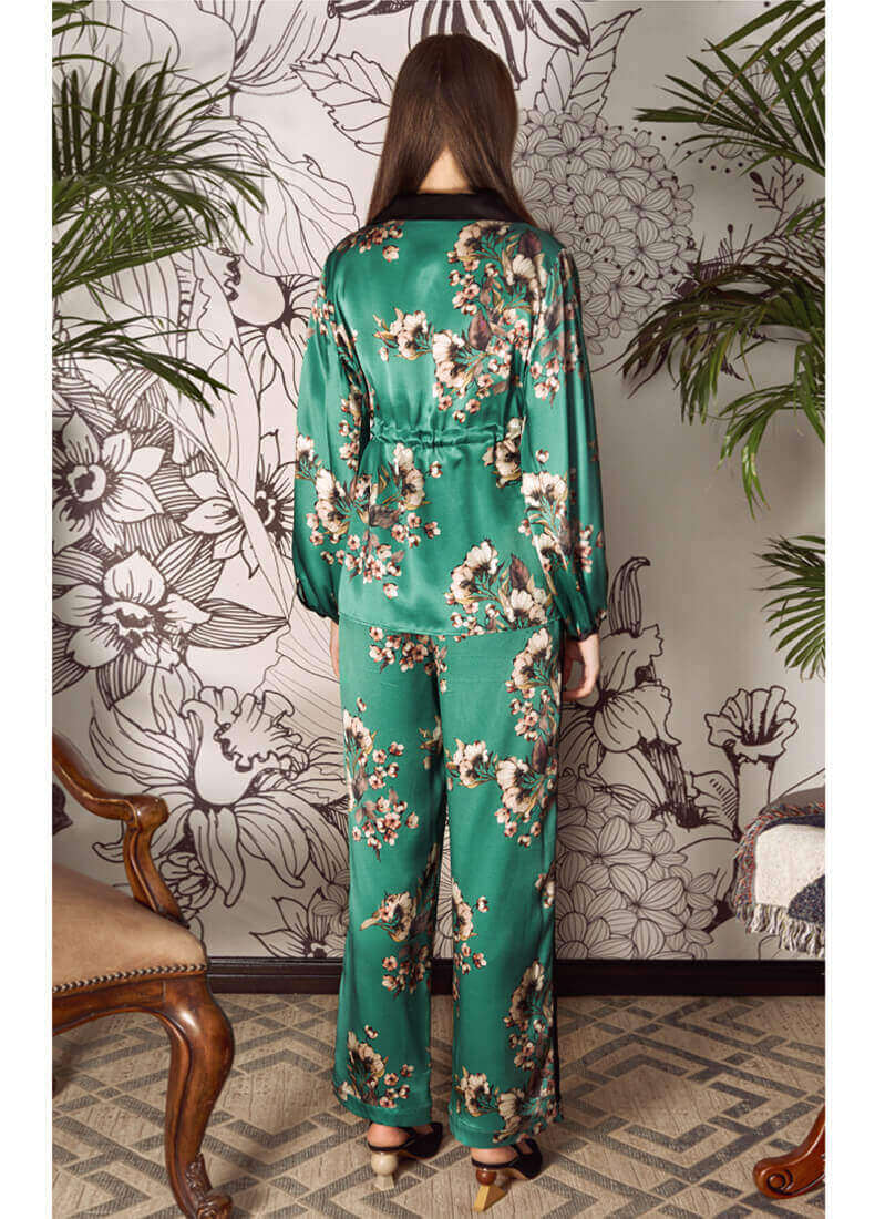 Pyjama avec imprimé floral femme 100% soie pyjama en soie à manches longues avec ceinture et patte de boutonnage vêtements de nuit femme