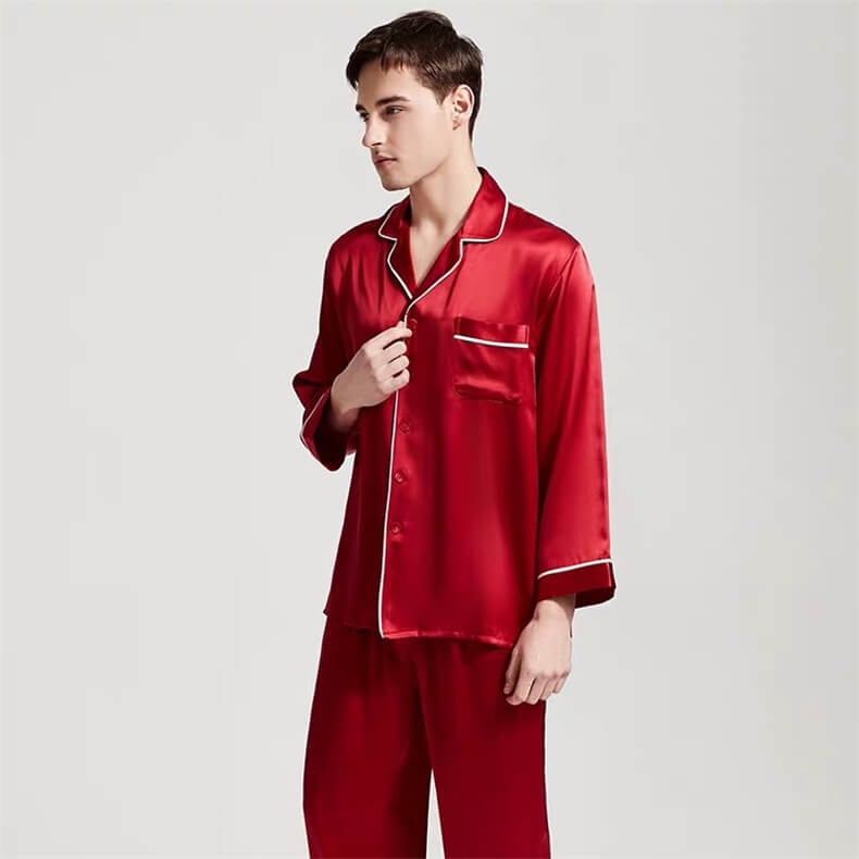Pyjama 19mm 100% soie pyjama homme manche longue patte de boutonnage ensemble pyjama plaine