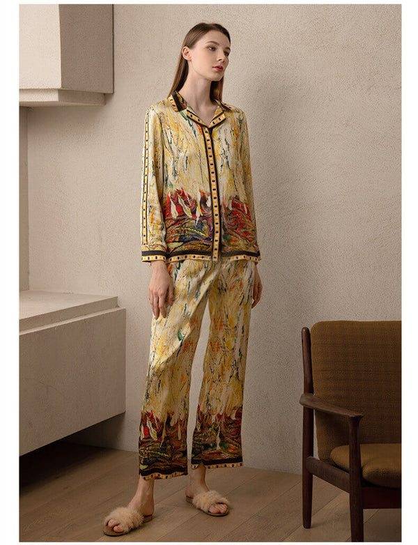 Pyjama en soie épaisse avec motif de peinture vêtements de nuit à manches longues et patte de boutonnage