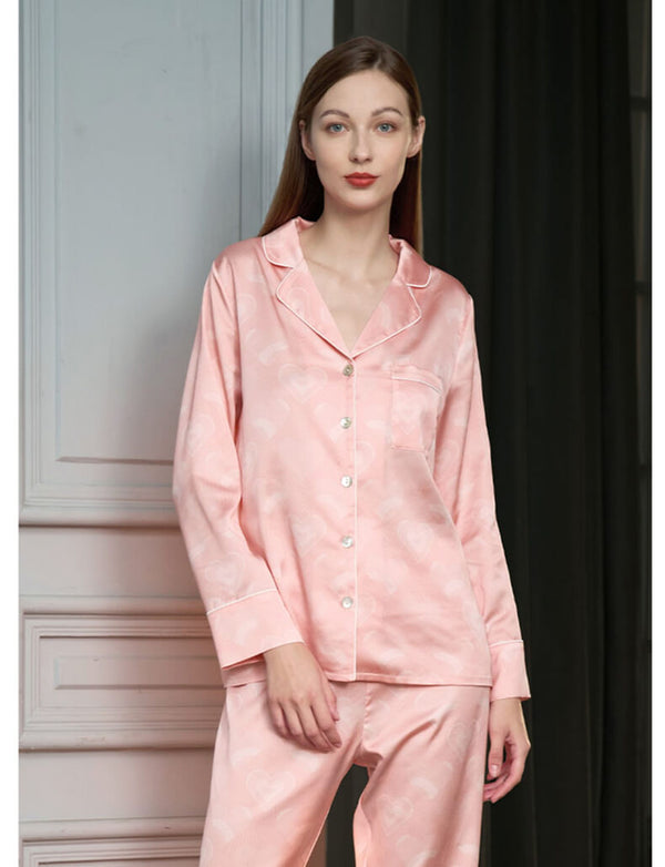 19 Momme Pyjama 100% soie imprimé coeur pyjama manches longues pour femme