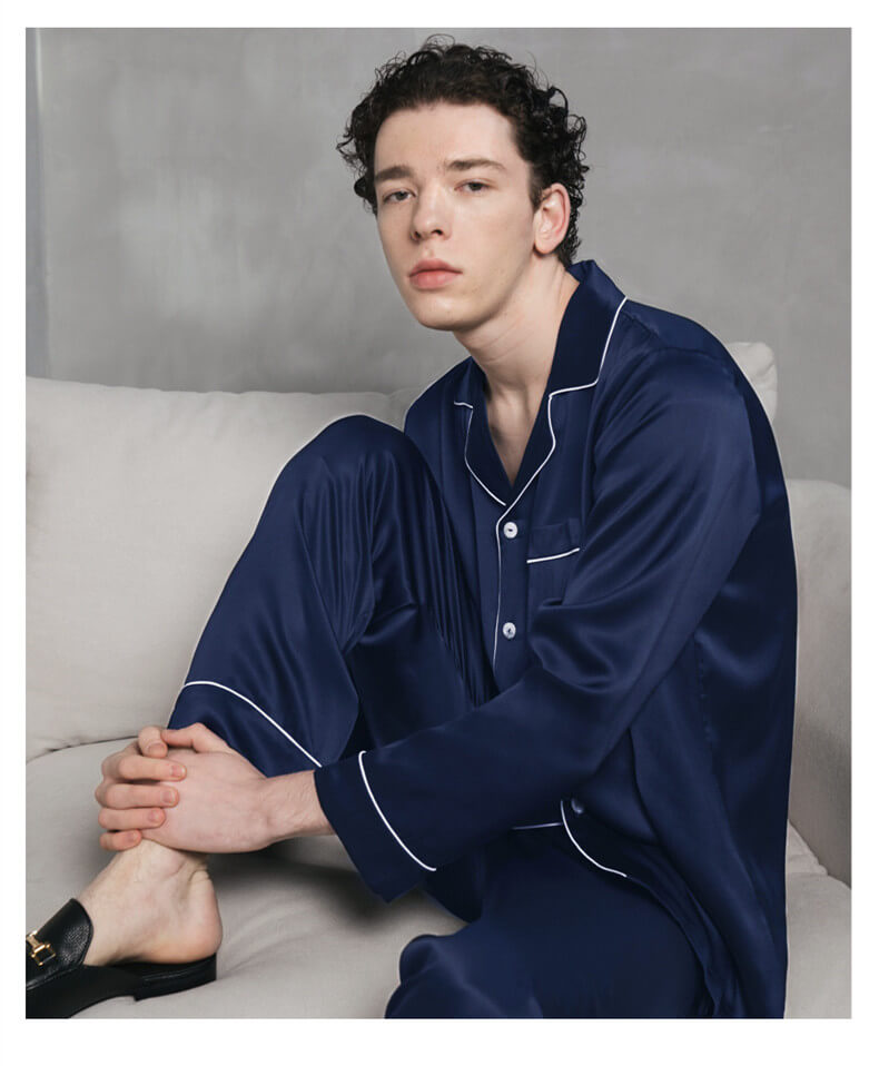 Ensemble de pyjama 100% soie 22MM pour hommes à manches longues et patte de boutonnage