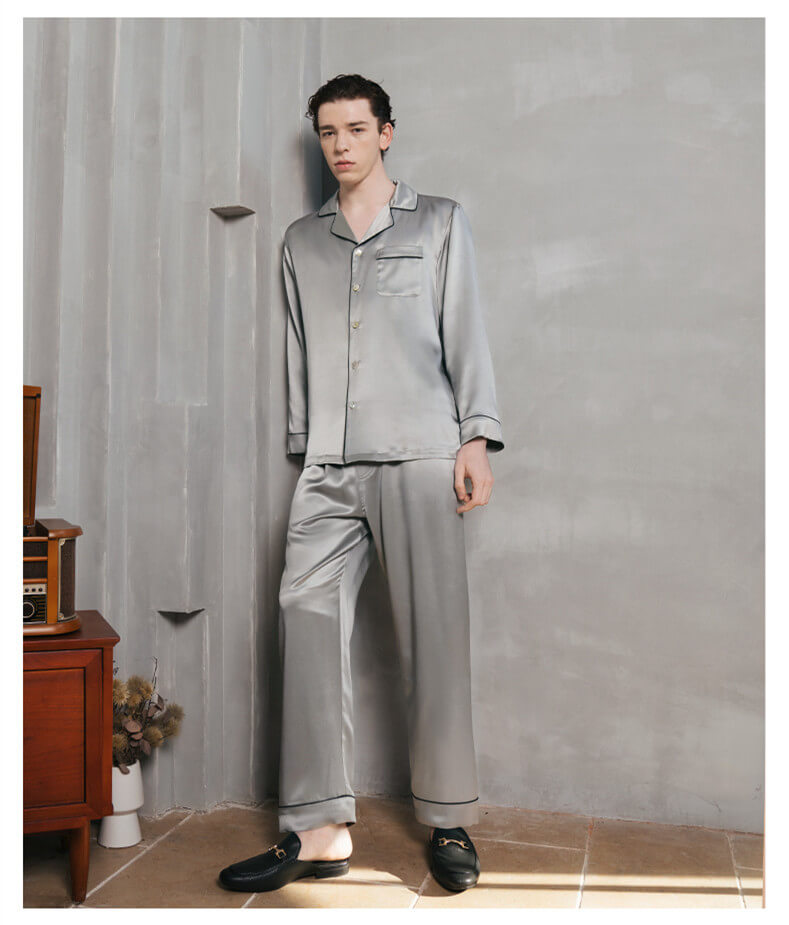 Ensemble de pyjama 100% soie 22MM pour hommes à manches longues et patte de boutonnage