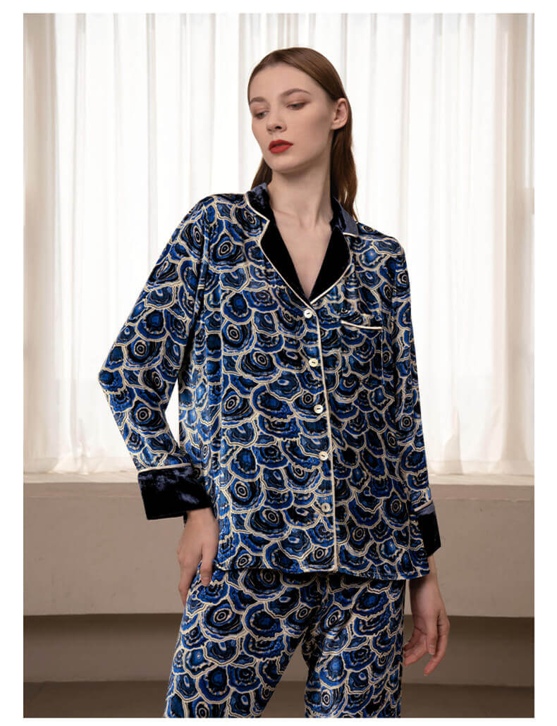 Pyjama en velours de soie avec patte boutonnée à imprimé écailles de poisson vêtements de nuit d'hiver