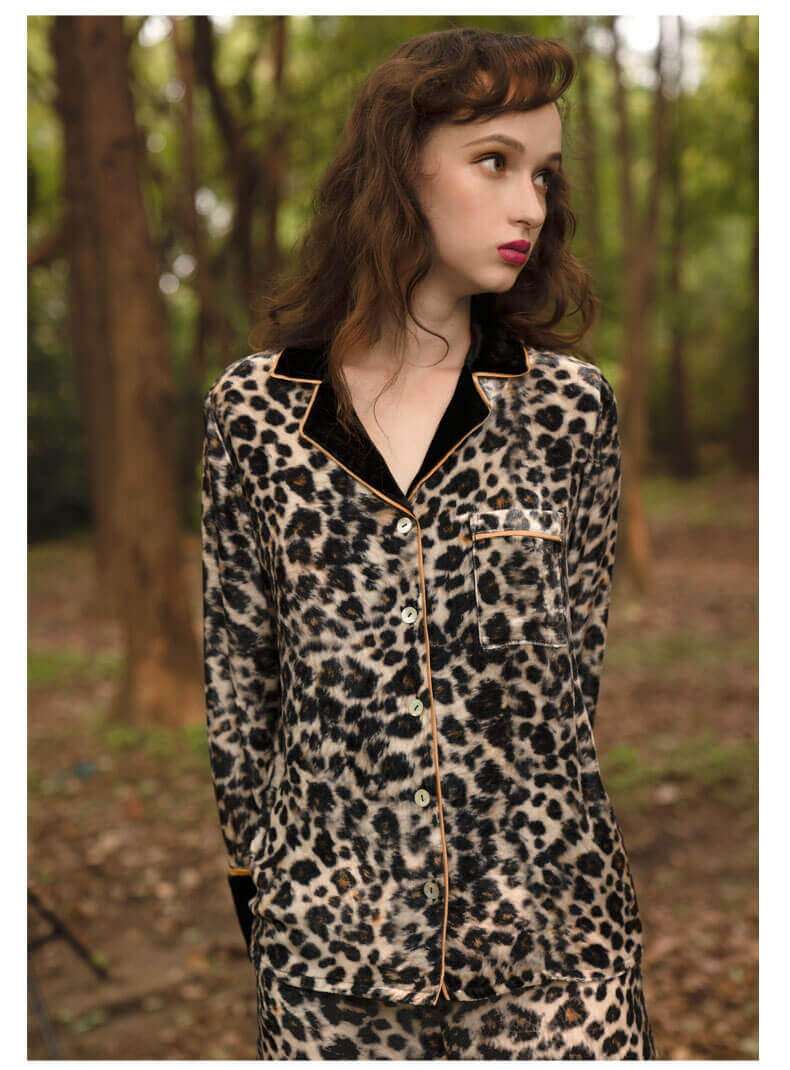 Pyjama en velours de soie léopard patte de boutonnage manches longues vêtements de nuit d'hiver