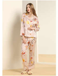 100%soie pyjama femme pyjama en soie avec imprimé floral pyjama à manches longues femme Beau pyjama avec patte de boutonnage