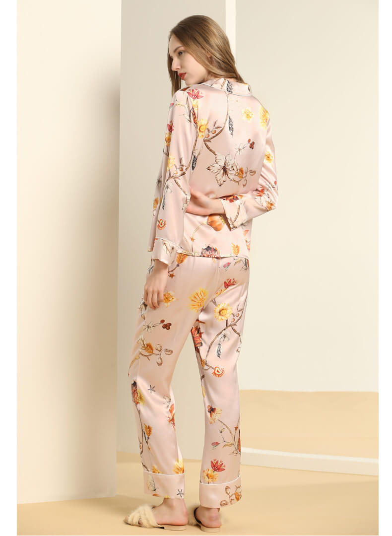 100%soie pyjama femme pyjama en soie avec imprimé floral pyjama à manches longues femme Beau pyjama avec patte de boutonnage