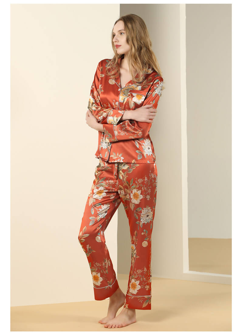 Pyjama en soie femme pyjama avec imprimé floral et manches longues pyjama en soie bouton patte de boutonnage pyjama élégant