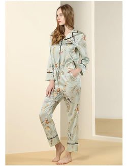 Pyjama femme pyjama en soie avec imprimé fleuri et manches longues pyjama élégant pour femme avec patte de boutonnage