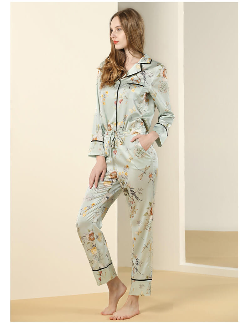 Pyjama femme pyjama en soie avec imprimé fleuri et manches longues pyj –  Belle Soie