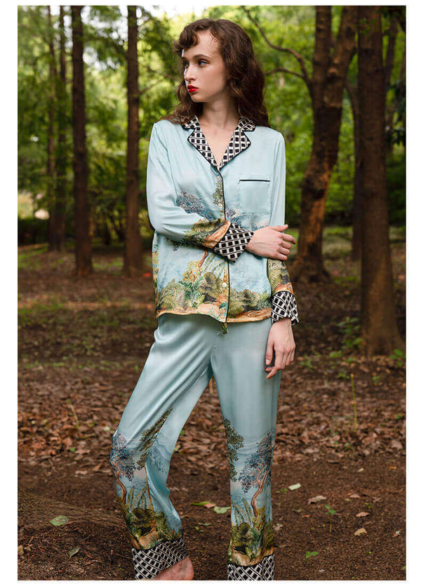 Pyjama 100% soie femme pyjama en soie avec imprimé arbre pyjama en soie à manches longues pyjama élégant pour femme avec patte de boutonnage