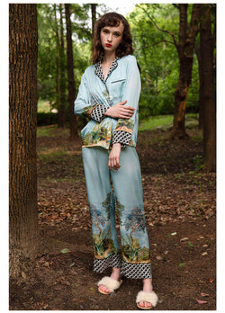 Pyjama 100% soie femme pyjama en soie avec imprimé arbre pyjama en soie à manches longues pyjama élégant pour femme avec patte de boutonnage