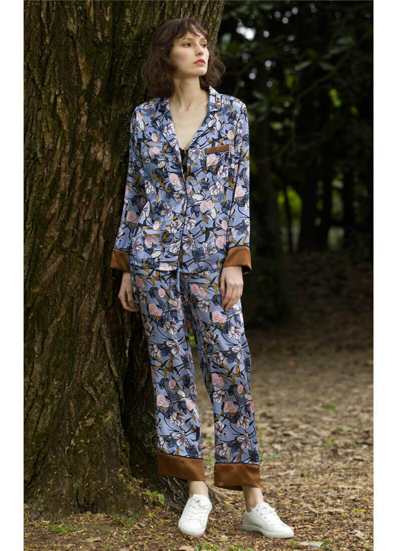 Pyjama en soie pyjama femme avec imprimé floral et patte de boutonnage pyjama en soie dames pyjama à manches longues
