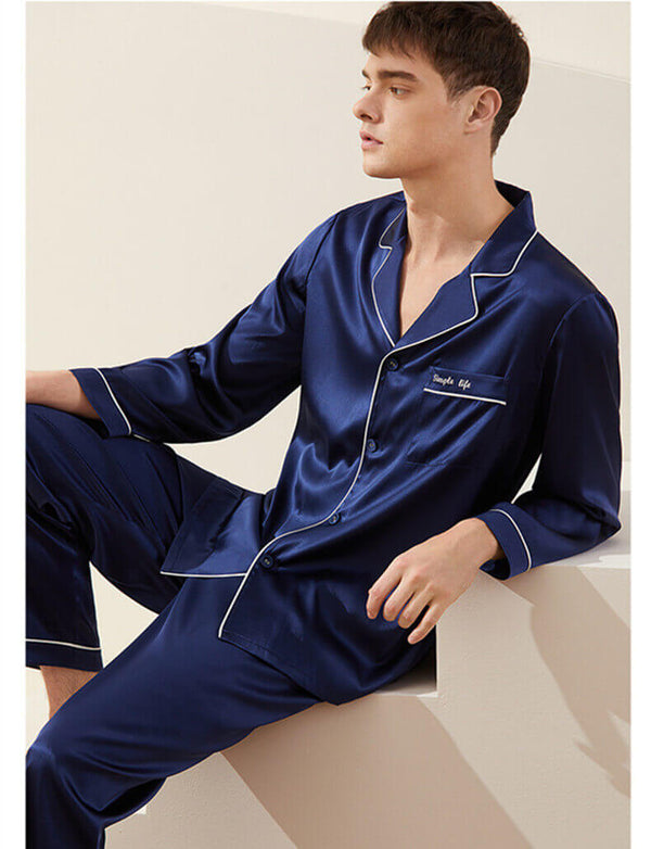 Pyjama homme 100% soie 19mm pyjama en soie patte de boutonnage manche longue ensemble pyjama classique