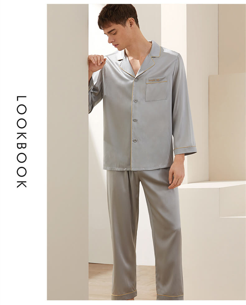 Pyjama homme 100% soie 19mm pyjama en soie patte de boutonnage manche longue ensemble pyjama classique