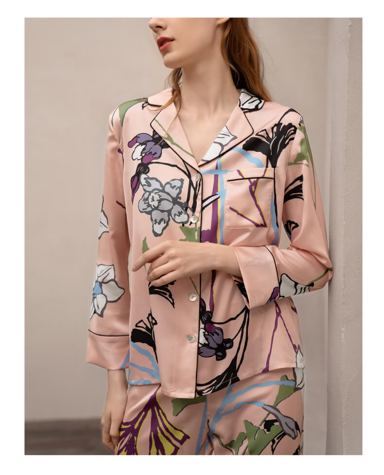 19MM 100% soie pyjama avec grande patte boutonnée à imprimé floral