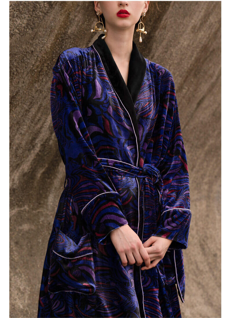 Robe de chambre femme en velours de soie avec ceinture à la taille Peignoir pour femme à manches longues