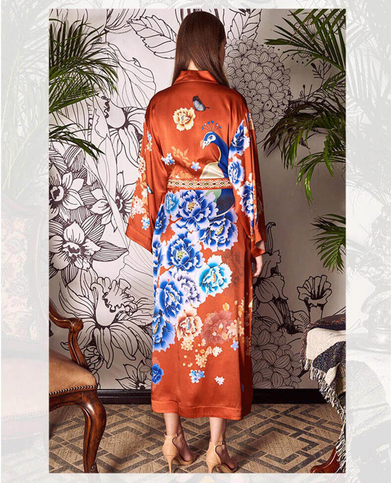 Robe de chambre 100% soie avec ceinture femme imprimé floral kimono femme 3/4 manches longues