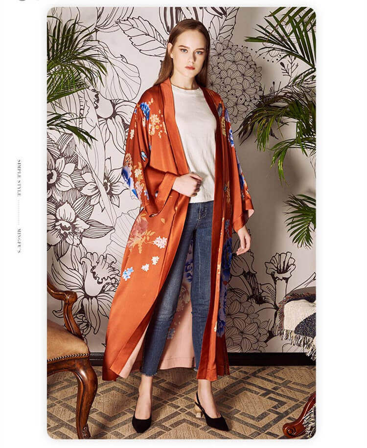 Robe de chambre 100% soie avec ceinture femme imprimé floral kimono femme 3/4 manches longues