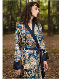 Robe de chambre 100% soie Imprimé floral pour femme kimono en soie avec ceinture à la taille Manches longues
