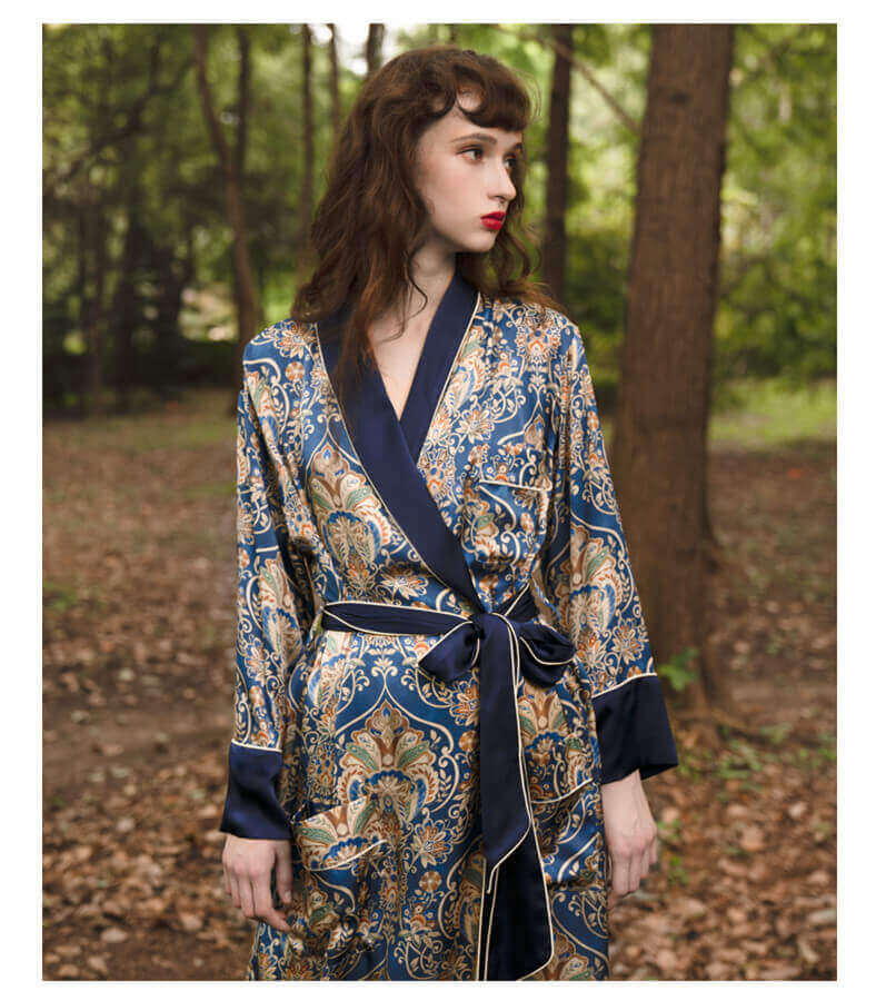 Robe de chambre 100% soie Imprimé floral pour femme kimono en soie avec ceinture à la taille Manches longues