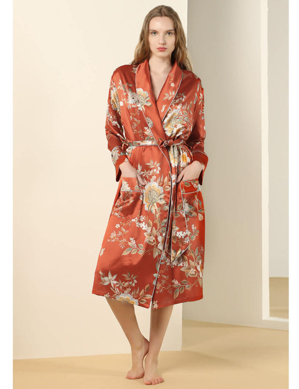Robe de chambre en soie avec imprimé floral pour femme peignoir en soie pour femme avec ceinture et manches longues