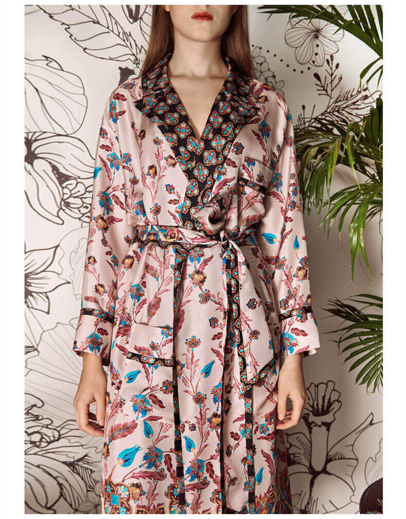 Peignoir à imprimé floral pour femme 100% soie robe de chambre en soie à manches longues pour femme avec ceinture