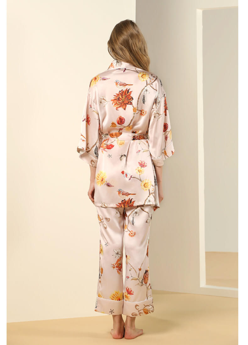 Ensemble kimono avec imprimé floral pour femme 100% soie pyjama élégant à manches 3/4 pour femme avec ceinture