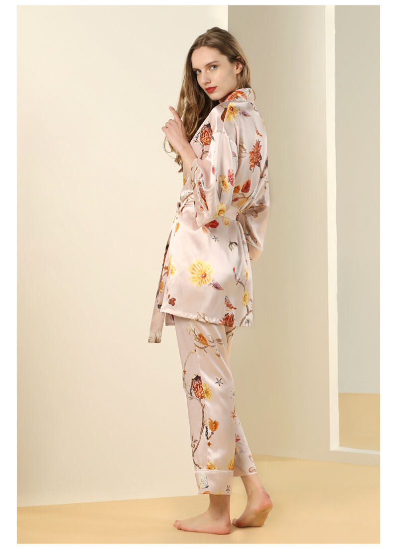 Ensemble kimono avec imprimé floral pour femme 100% soie pyjama élégant à manches 3/4 pour femme avec ceinture