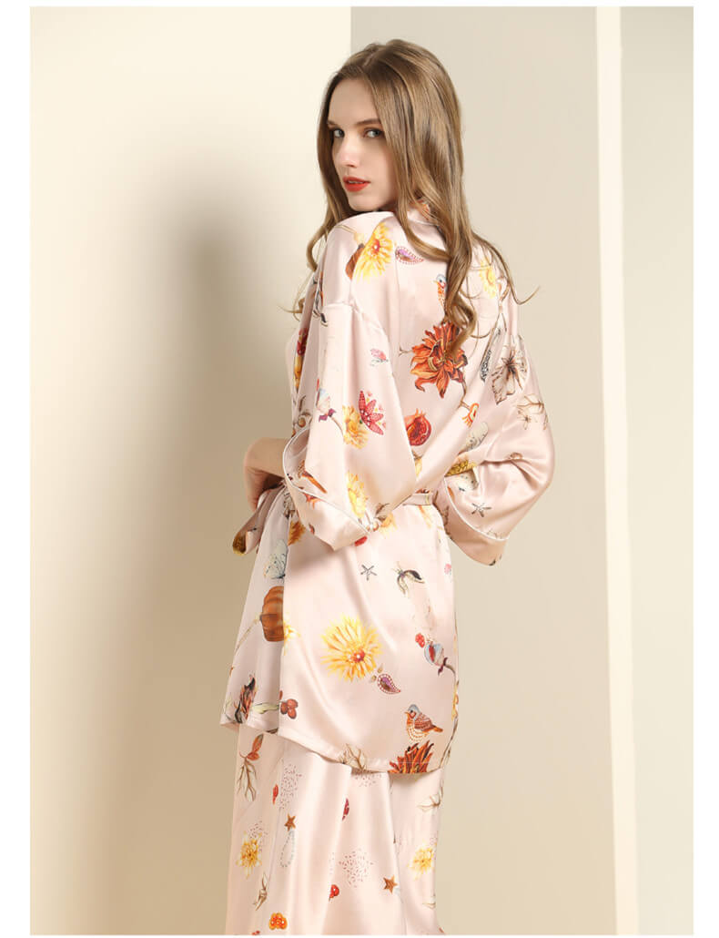 Kimono à imprimé floral pour femme 100% soie robe de chambre en soiemanches 3/4 pour femme avec ceinture