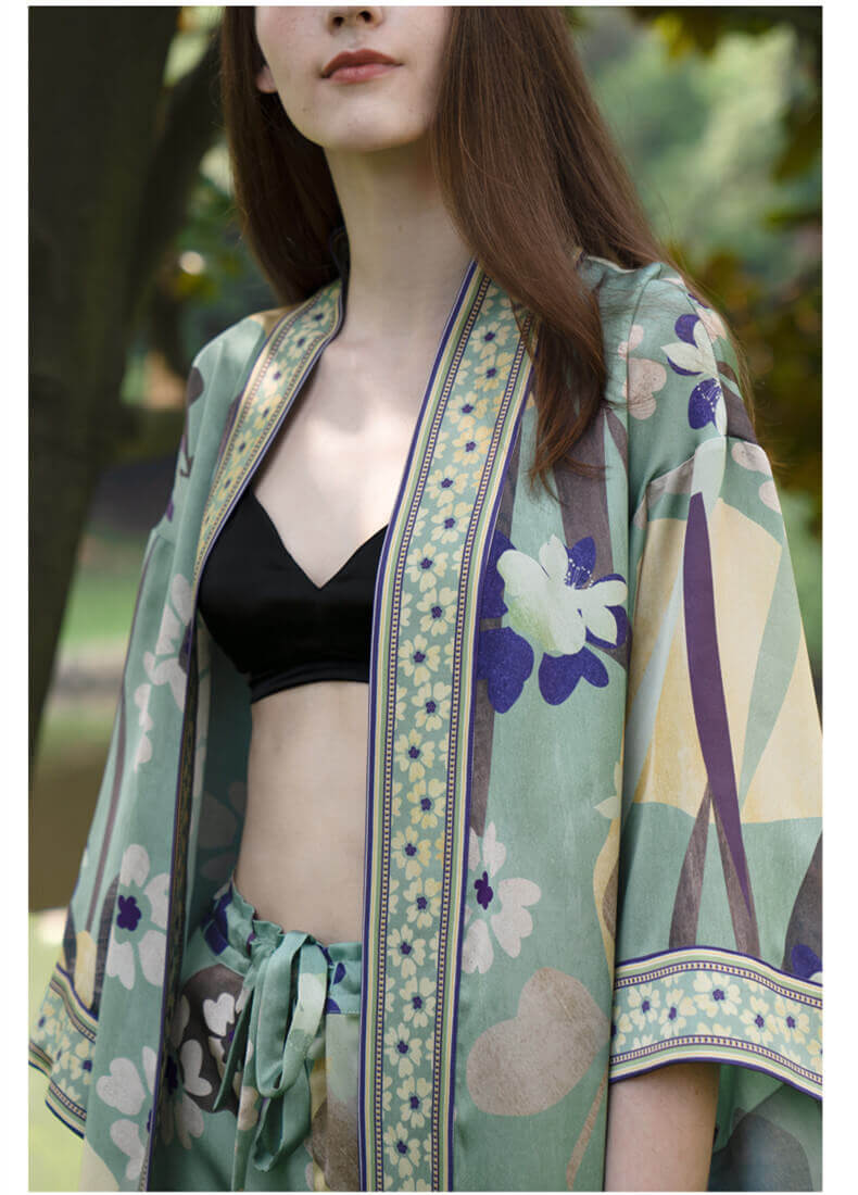 Ensemble kimono en soie femme ensemble robe de chambre en soie avec motif floral et ceinture élégant kimono set femme manches 1/2