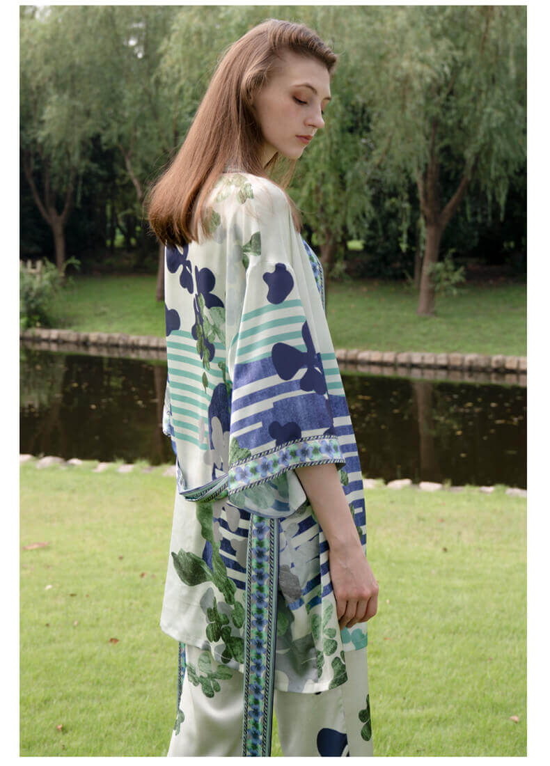 Ensemble kimono femme 100% soie robe de chambre et pantalon avec imprimé floral et 1/2 manche ceinture ensemble peignoir