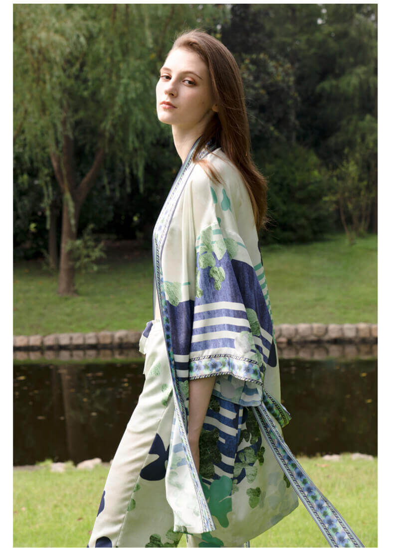 Ensemble kimono femme 100% soie robe de chambre et pantalon avec imprimé floral et 1/2 manche ceinture ensemble peignoir