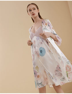 Kimono 100% soie avec imprimé floral Robe de chambre pour femme avec manches 1/2 et manchette en georgette