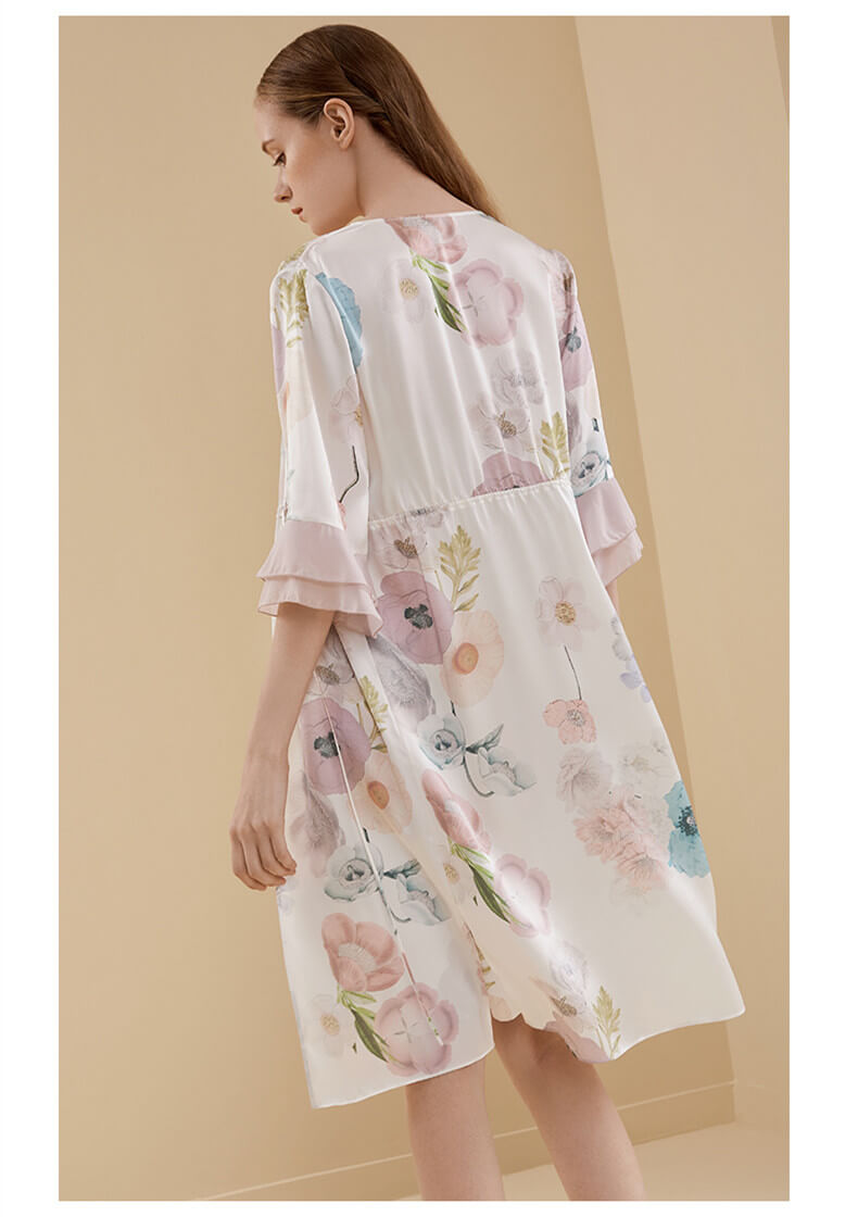 Kimono 100% soie avec imprimé floral Robe de chambre pour femme avec manches 1/2 et manchette en georgette