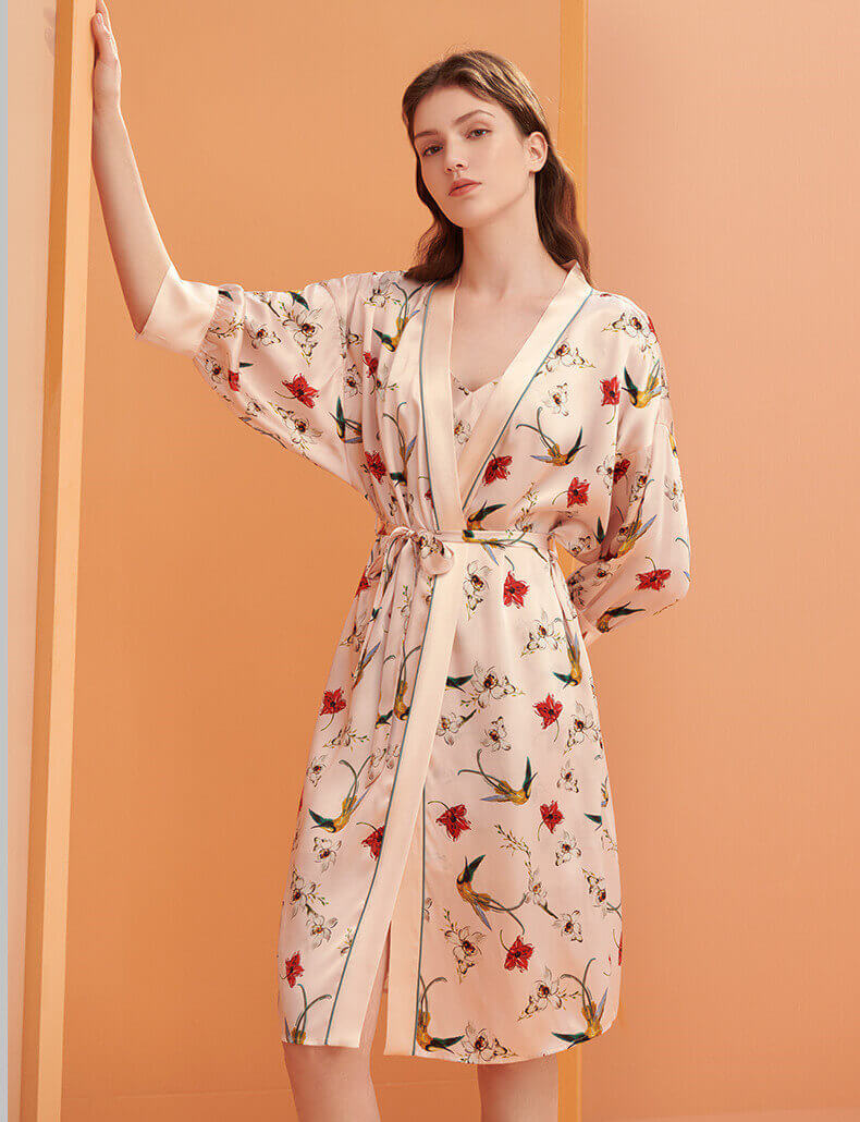 Robe de chambre kimono 100% soie avec imprimé floral et vêtements de nuit élégants à manches 1/2 pour femme