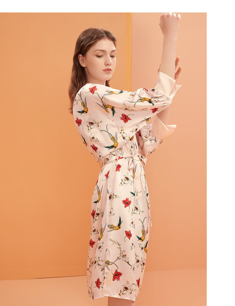 Robe de chambre kimono 100% soie avec imprimé floral et vêtements de nuit élégants à manches 1/2 pour femme
