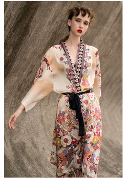 Kimono 100% soie femme robe de chambre en soie avec motif de fleurs et ceinture pour femme Asie Kimono femmes 1/2 manches